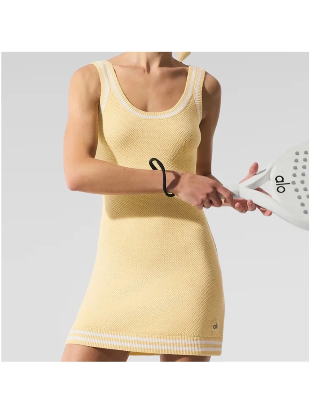 Alo Yoga Tennis Club Sweater Knit Dress Warm Butter/White Sz S 4-6 W8277R
